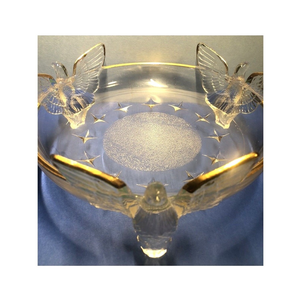 Glass‎ Candy Dish Bowl American Eagle 3-Footed Embossed Stars Gold Trim Vintage